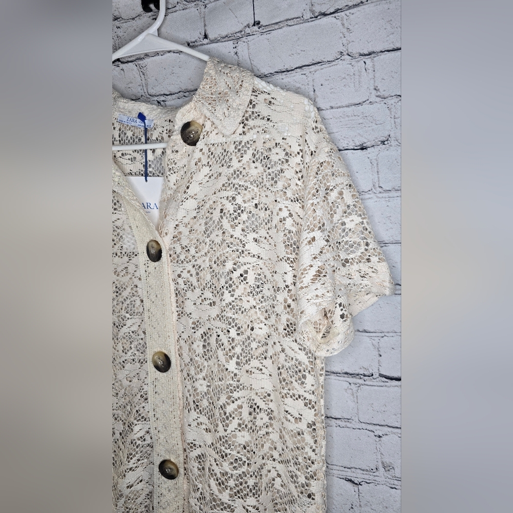 Zara Ecru Lace Collard Blouse Top Size Medium - Picture 4 of 7